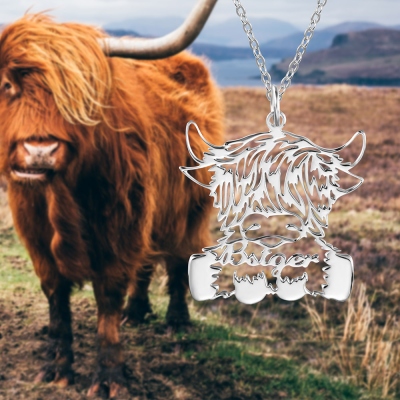 Collana con nome personalizzato della mucca delle Highland, fascino della mucca delle Highland, collana di animali, collana dell'alfabeto, collana in argento sterling, gioielli da donna, regalo per lei