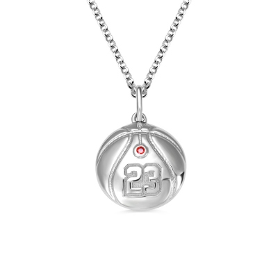 Engraved Basketball Necklace with Number Andbirthstone in Silver