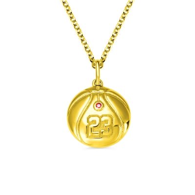 Engraved Basketball Necklace with Number Andbirthstone in Gold