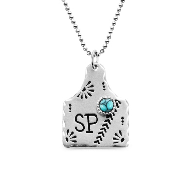 Customized Cow Tag Turquoise Necklace in Sterling Silver