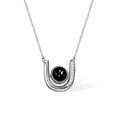 Personalized Horseshoe Projection Necklace with Zircons, Stacking Photo Necklace, Sterling Silver 925 Necklace, Gift for Horse Lover/Her