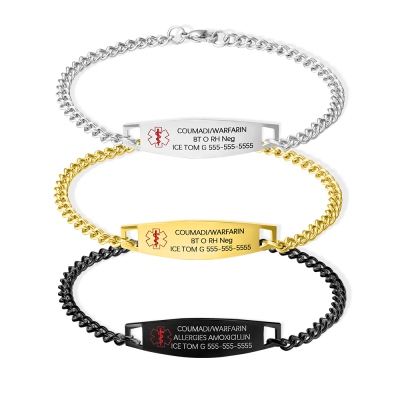 Braccialetto medico personalizzato, braccialetto identificativo di allarme sportivo impermeabile, braccialetto con targhetta identificativa in acciaio inossidabile, braccialetto di sopravvivenza di emergenza per uomo/donna
