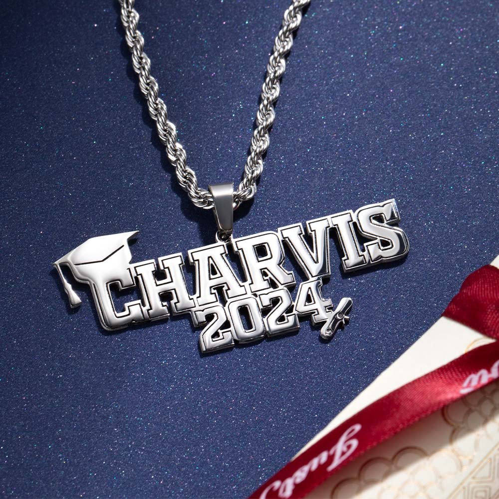 Personalized Class of 2024 Graduation Necklace with Name, Stainless Steel Bachelor Cap Name Necklace, Graduation Gift for Boy/Girl/Friend/Student