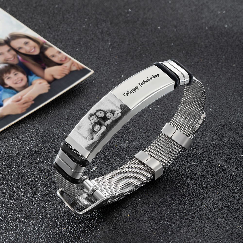 Personalized Photo and Engraved Text Stainless Steel Bracelet, Adjustable Men Bracelet, Father's Day Gift for Dad/Grandpa/Husband