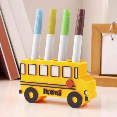 Custom Name 3D Printed School Bus Shaped Dry Erase Marker Holder, Organizer for 4 Markers, Classroom Decor, Back to School Gift for Teachers/Students