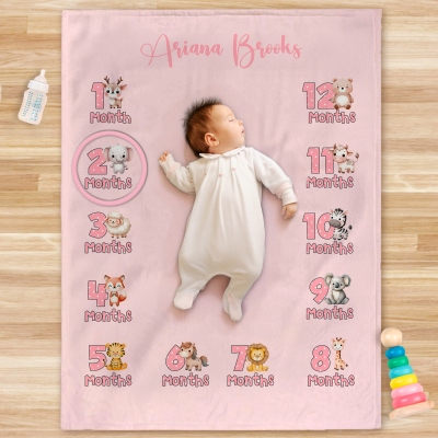 Custom Name Cute Animal Monthly Milestone Flannel/Sherpa Blanket, Soft Cozy Throw for Bed Couch, Photo Prop, Birthday/Baby Shower Gift for Newborns