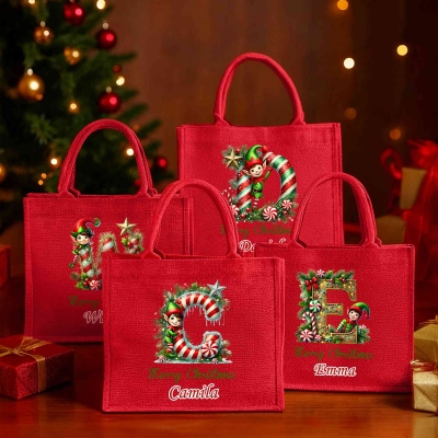 Personalized Christmas Elf & Candy Cane Alphabet Tote Bag with Name, Large Capacity Red Jute Bag, Holiday Party Favor, Christmas Gift for Kids/Family