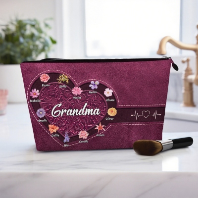 Custom Names & Birth Flowers Toiletry Bag, Multicolor Heart Floral Travel Makeup Pouch with Zipper, Birthday/Mother's Day Gift for Her/Mom/Grandma