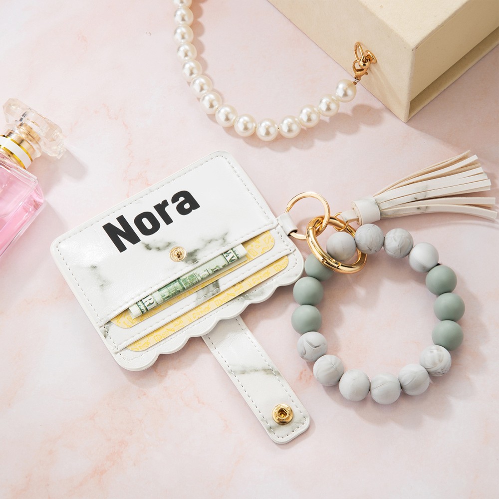 Portefeuille porte-clés avec bracelet jonc en perles de silicone, porte-clés et portefeuille en cuir, cadeaux personnalisés pour elle/femme