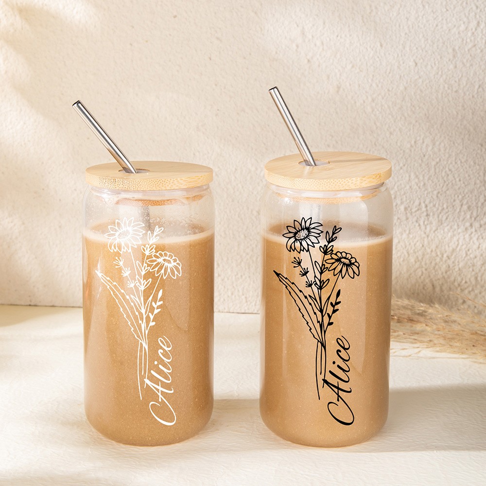 Personalized Birth Flower Iced Coffee Cup, Custom Name Glass, Tumbler with Lid and Straw, Bridesmaid Proposal Box Idea, Wedding Favor, Gift for Her