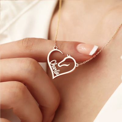 Custom Name Horse Heart Necklace, Sterling Silver 925 Horse Head Pendant, Horse Memorial Necklace, Birthday Gift for Horse Lovers/Riders/Equestrians