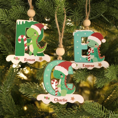 Personalized Dinosaur Alphabet Christmas Ornament with Name, Wooden Holiday Tree Hanging Decor, Xmas Keepsake, Christmas Gift for Kids/Dinosaur Lovers