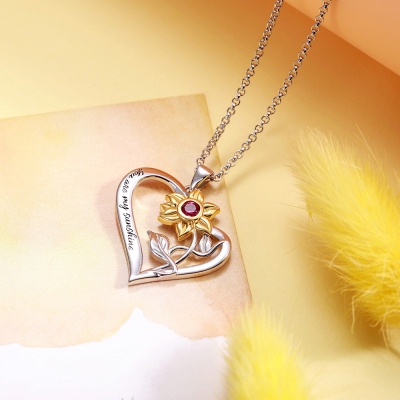 Personalized Heart Necklace with Sunflower