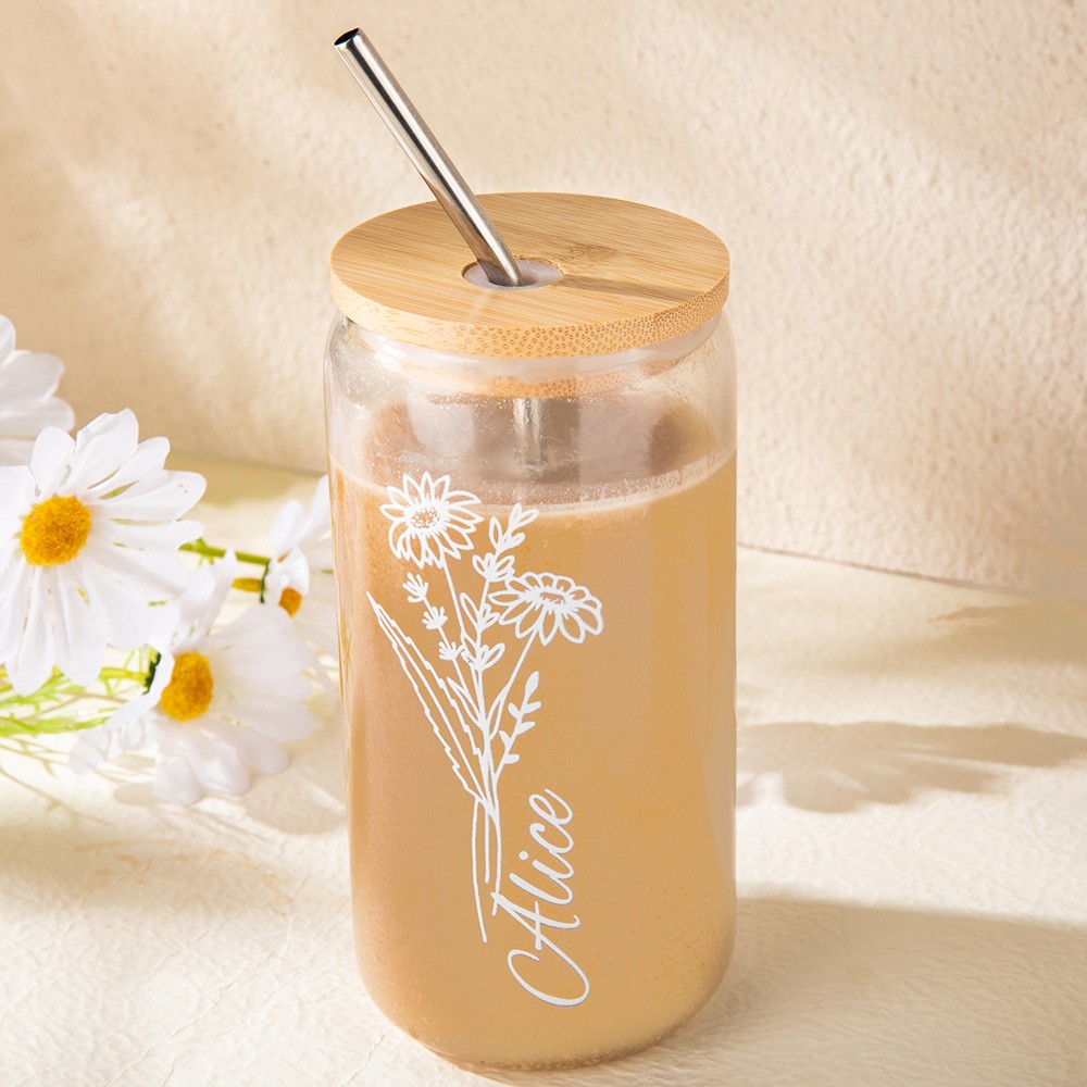 Personalized Birth Flower Iced Coffee Cup, Custom Name Glass, Tumbler with Lid and Straw, Bridesmaid Proposal Box Idea, Wedding Favor, Gift for Her