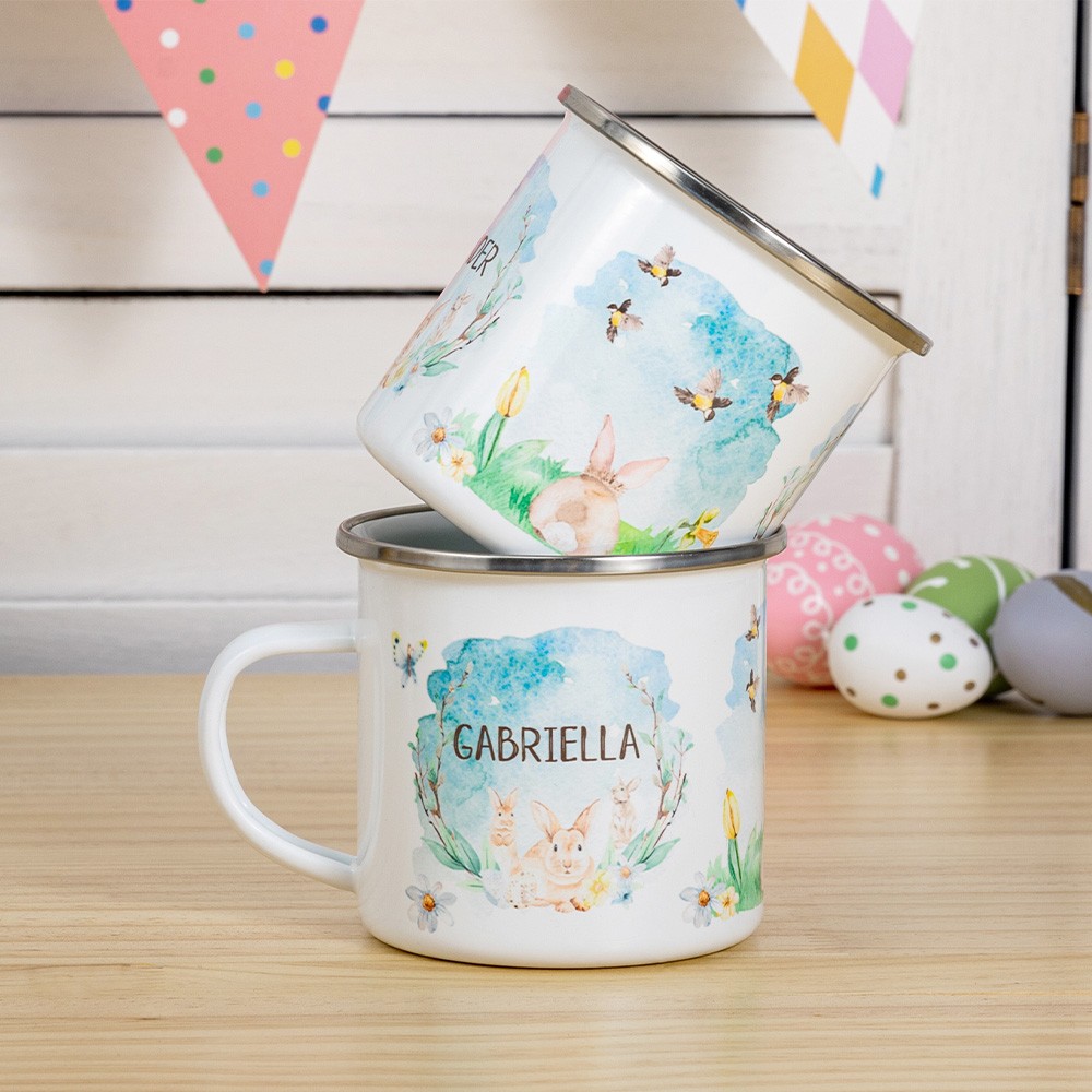 Personalized Easter Bunny Enamel Mug for Easter Gifts, Easter Decorations with Watercolour Bunnies, Custom Name Mug, Stainless Steel Mug