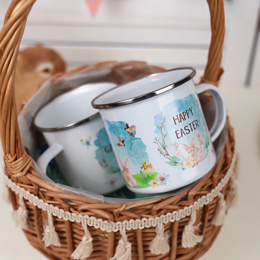 Tasse personnalisée d'émail de lapin de Pâques pour des cadeaux de Pâques, décorations de Pâques avec des lapins d'aquarelle, tasse personnalisée de nom, tasse d'acier inoxydable