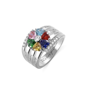 Customized Six Birthstones Flower Silver Ring