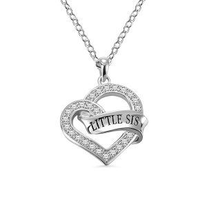 Engraved Heart Wrapped Ribbon Gem Necklace in Silver