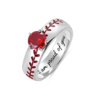 Engraved Baseball Texture Solitaire Birthstone Ring in Silver