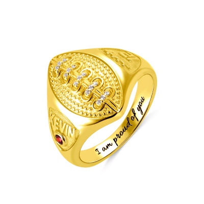 Personalized Football Ring with Birthstone and Engraving in Gold