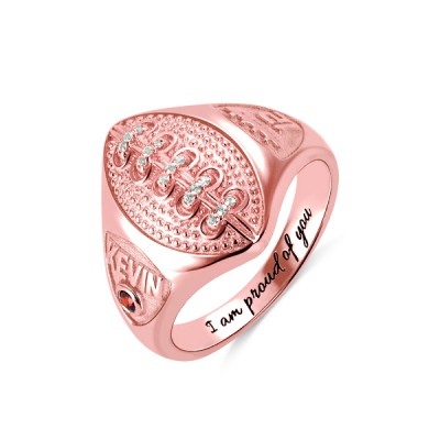 Personalized Football Ring with Birthstone and Engraving in Rose Gold