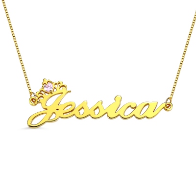 Customized Crown Name Necklace with Birthstone in Gold