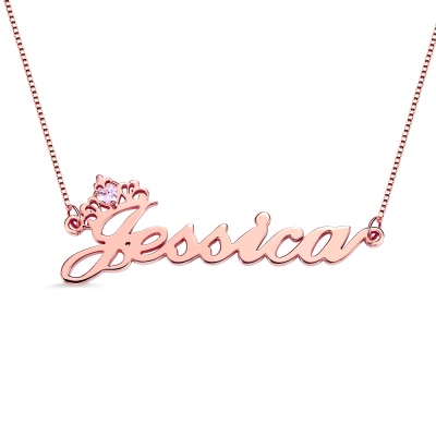 Customized Crown Name Necklace with Birthstone in Rose Gold