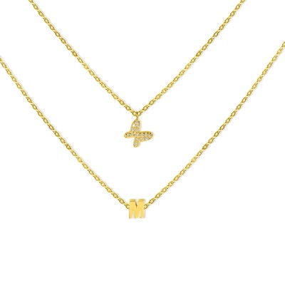 Butterfly and Initial Layered Necklace, Multi-layered Necklace, Brass Necklace, Fashion Jewelry for Women and Girls