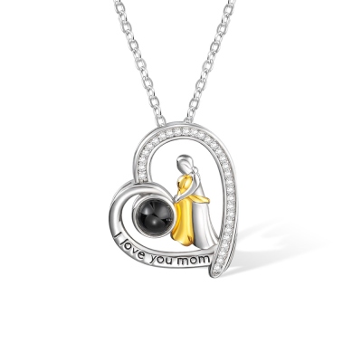 Custom Photo Projection Necklace with Heart Charm, Micro-Engraved Hug Necklace, Mom's Jewelry, Birthday/Mother's Day Gift, Gift for Mom/Grandmom/Her