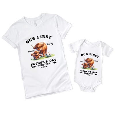 Custom Our First Father's Day Parent-Child Matching Shirts, Highland Cow Playing Sports Daddy T-Shirt & Baby Bodysuit Set, Gift for New Dad/Newborn