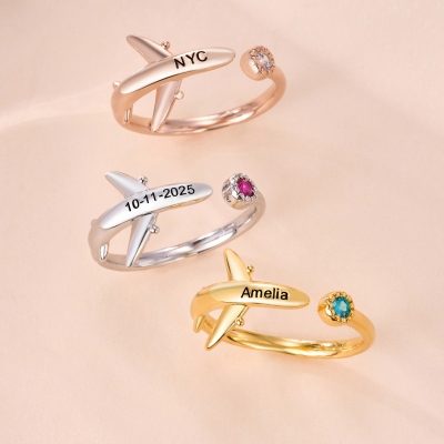 Custom Engraved Airplane Ring with Birthstone, Dainty Adjustable Open Ring, Birthday/Anniversary Gift for Travel Lovers/Pilot Moms/Flight Attendants