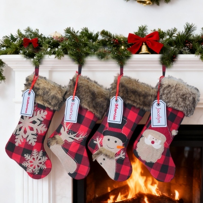 Personalized Embroidered Faux Fur Buffalo Plaid Christmas Stocking with Name Tag, Festive Fireplace Holiday Tree Decor, Christmas Gift for Family/Kids