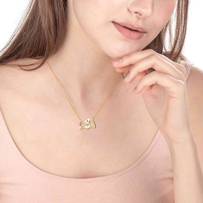 Bird on Book Necklace, Sterling Silver 925 Open Book Necklace, Custom Letter Minimalist Necklace, Christmas/Birthday Gift for Book Lovers/Bookworms