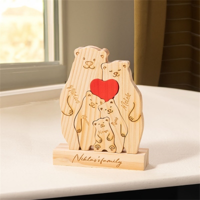 Personalized Bear Family Puzzle with 2-6 Names & Red Heart, Wooden Table Sign, Family Keepsake, Mother's Day/Housewarming/Christmas Gift for Family