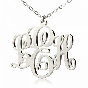 Personalized Vine Font Initial Monogram Necklace Solid White Gold