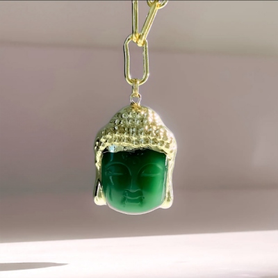 Authentic Green Jade Buddha Necklace, Buddha Head Pendant with Chain Necklace, Green Buddha Necklace, Silver Buddha Necklace