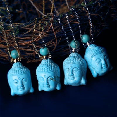 Collier de bouteille de parfum bouddha bleu turquoise, collier de bouddha, collier pendentif bouddha en pierre, collier de bouteille d'huile essentielle