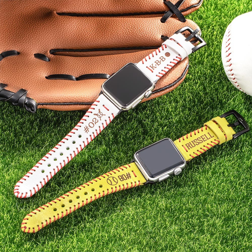 Bande de montre de baseball gravée personnalisée, bande de montre personnalisée/bracelet pour iWatch, bande de montre de softball en cuir, bande de montre monogramme, cadeau pour lui