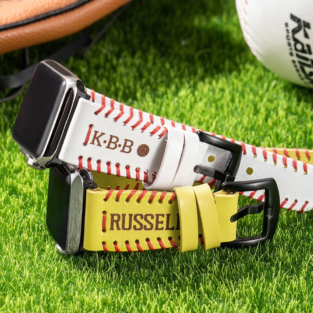 Bande de montre de baseball gravée personnalisée, bande de montre personnalisée/bracelet pour iWatch, bande de montre de softball en cuir, bande de montre monogramme, cadeau pour lui