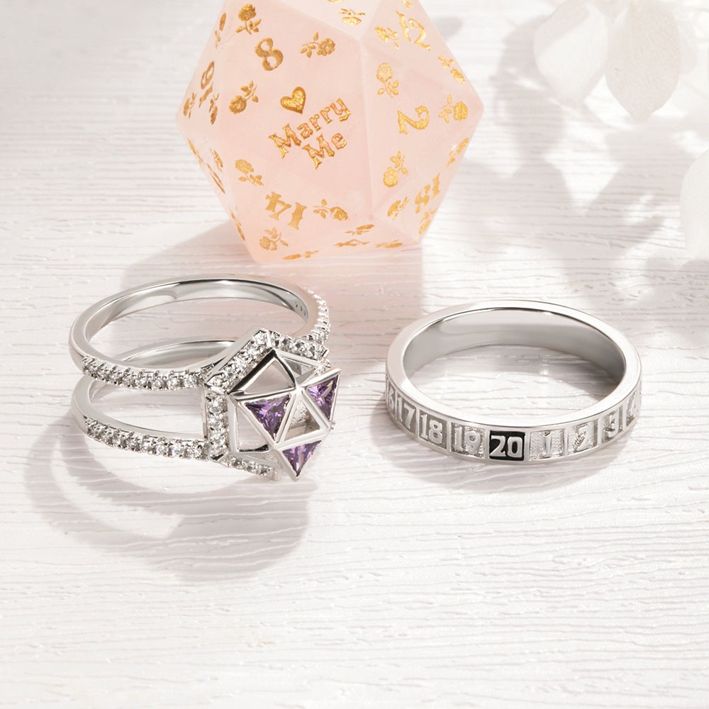 Couple Rings, Custom Birthstone D20 Zircon Ring, D20 Dice Ring for DND Lovers
