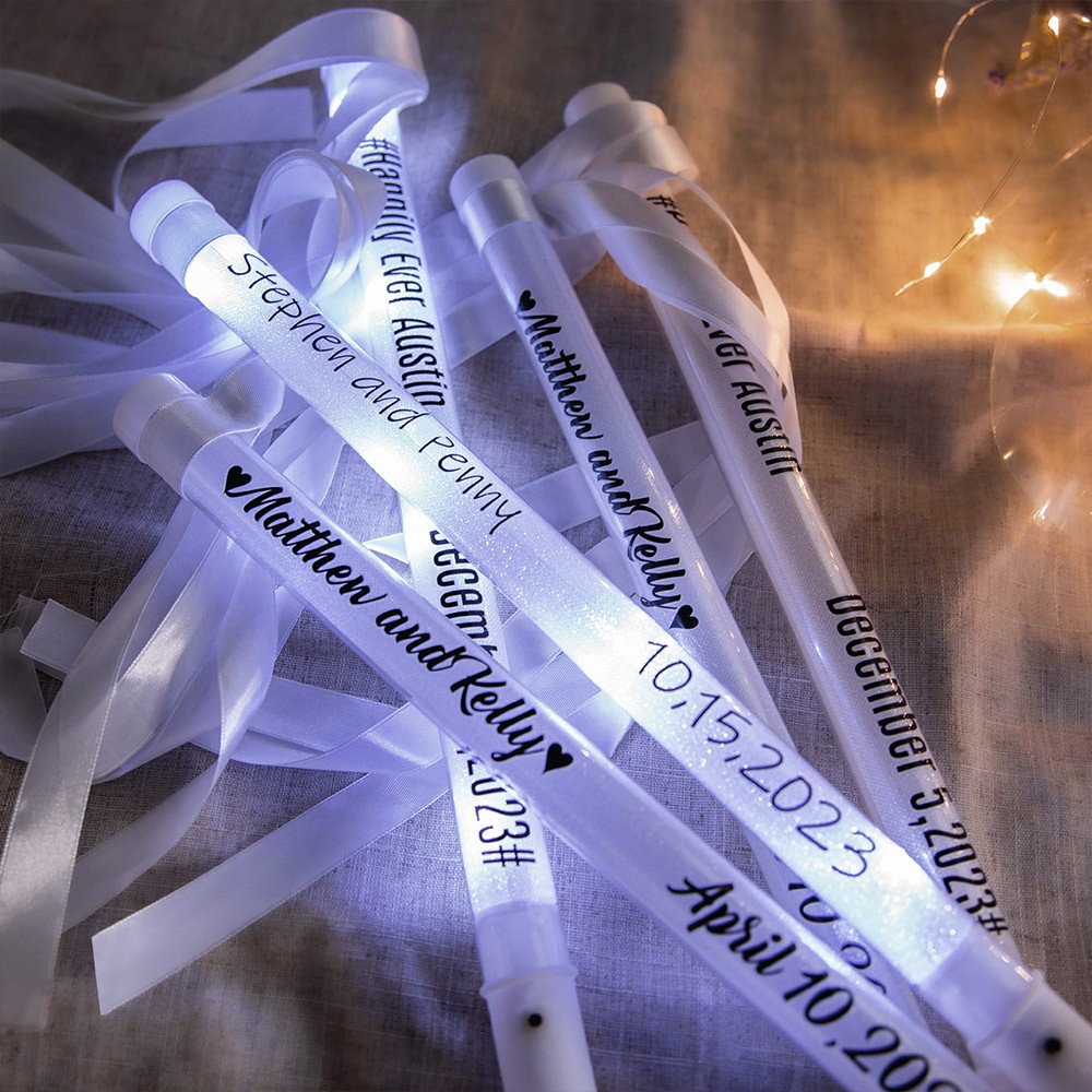 Baguettes de ruban de mariage personnalisées avec lumières, baguettes de ruban LED de mariage, idées de faveurs de mariage