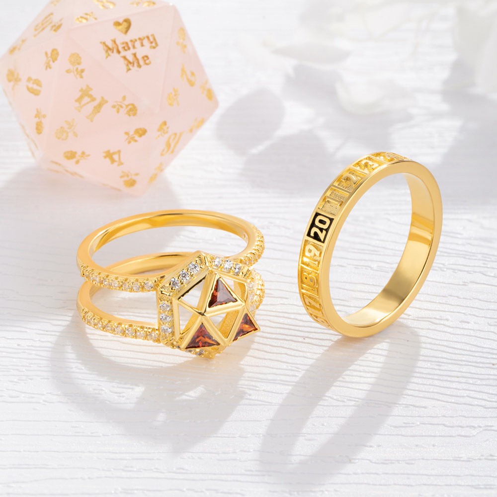 Couple Rings, Custom Birthstone D20 Zircon Ring, D20 Dice Ring for DND Lovers