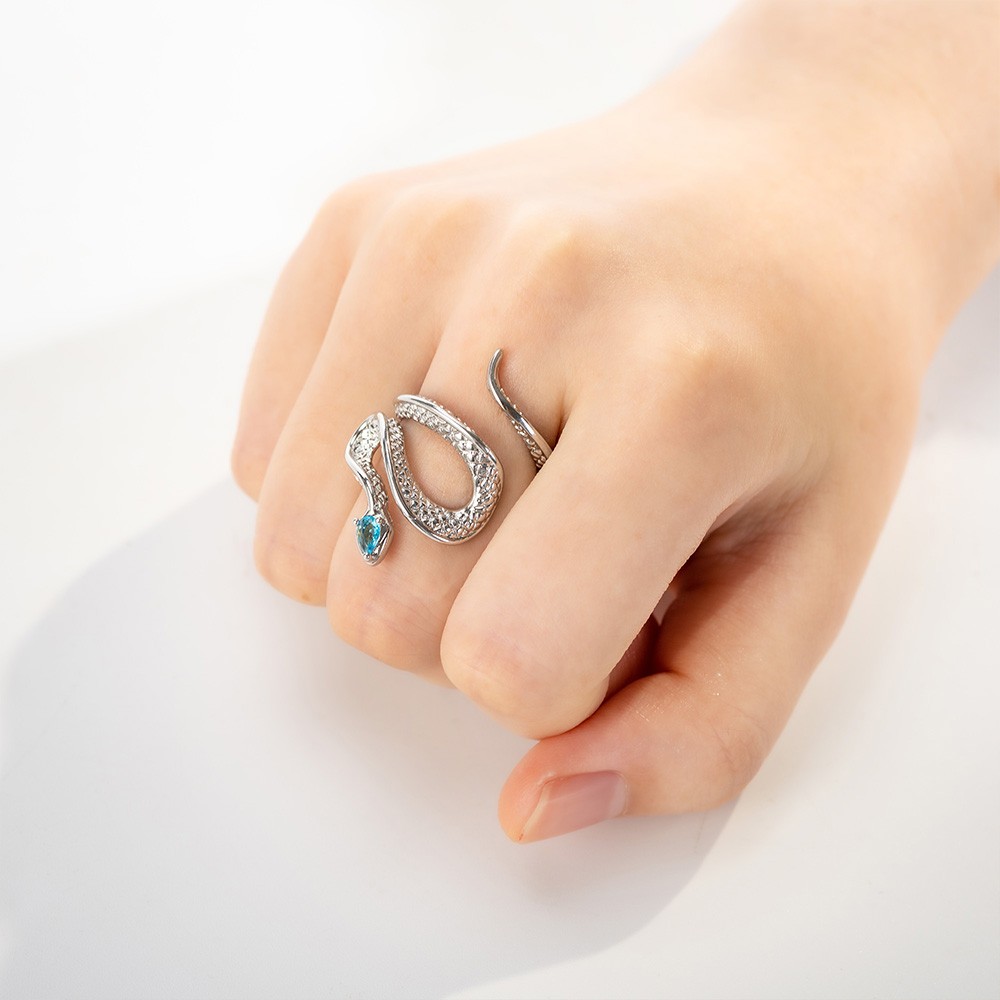 Silver Snake Ring with Blue Zircon Gem, Vintage Serpent Ring, Punk  Animal Ring Dainty Adjustable Open Ring Gift for Women Girls - Brass
