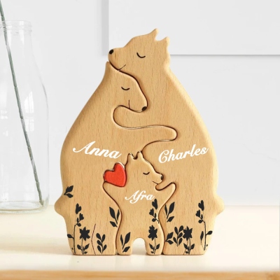 Nom personnalisé Puzzle familial d’ours en bois, figurine animale multijoueur, décoration de la maison familiale, cadeau souvenir familial, cadeau de Noël pour les parents/grand-mère