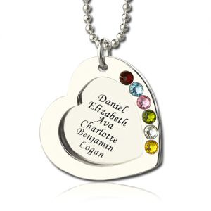 Heart Family Names Necklace With Birthstones Sterling Silver
