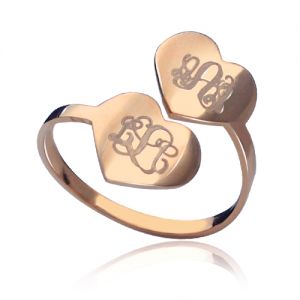 Monogram Ring Engraved Initials On Two Heart Rose Gold Silver