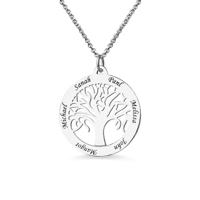 Customizable Tree of Life 6 Names Engraved Silver Necklace 
