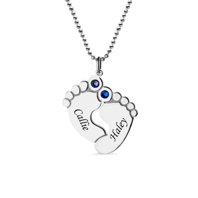 Baby Feet Name Necklace with Birthstone Silver