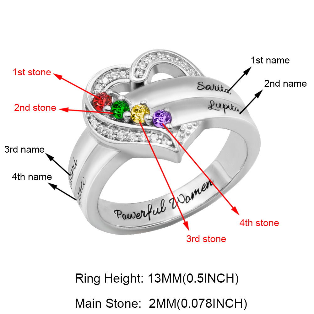 Presente personalizado do anel da família do anel do coração Birthstone para ela