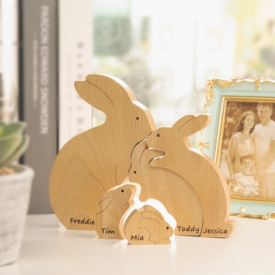 Puzzle de lapin en bois de famille de lapins de Pâques personnalisé